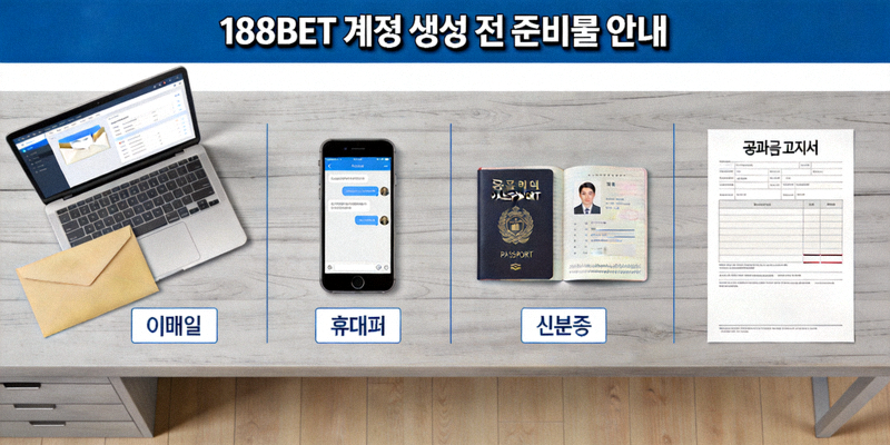 188BET 계정 생성 전 준비물 안내 이미지 - 이메일, 휴대폰, 신분증, 공과금 고지서가 책상 위에 놓여 있음