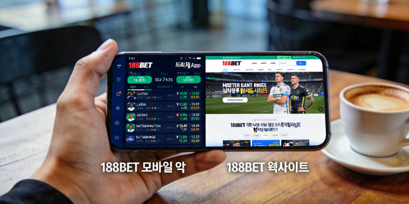 188BET 모바일 앱과 웹사이트를 스마트폰에서 사용하는 모습을 보여주는 이미지