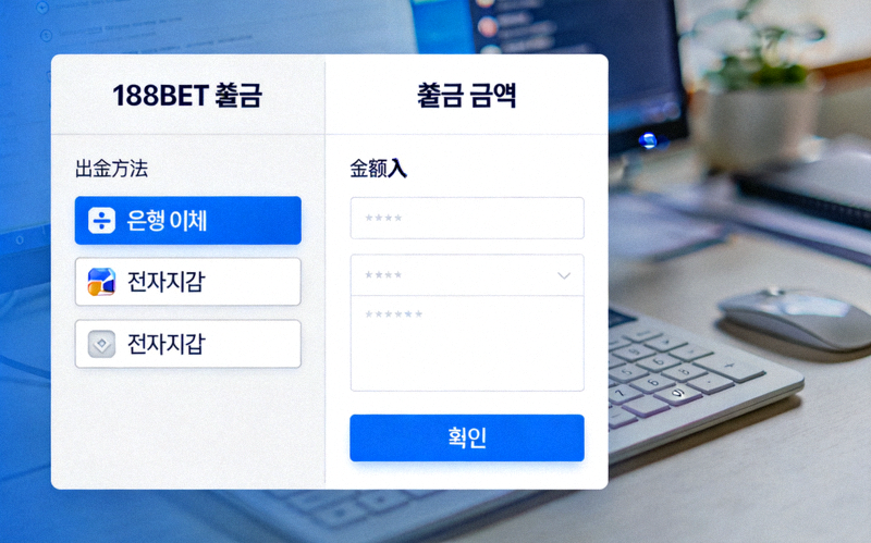 188BET 출금 화면에서 방법 선택과 금액 입력 단계 예시